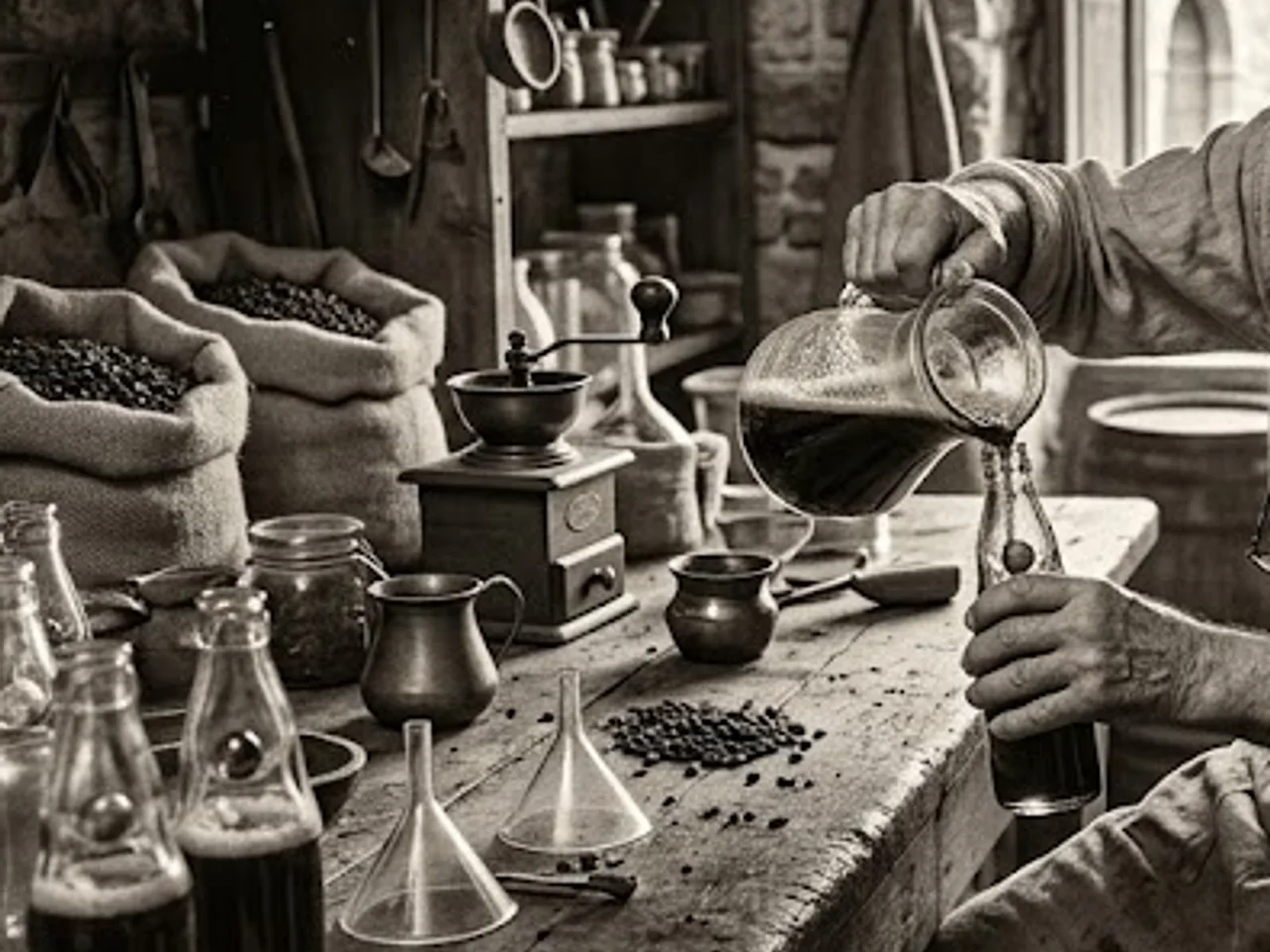 Antica bottega calabrese con la bottiglia di gassosa al caffè