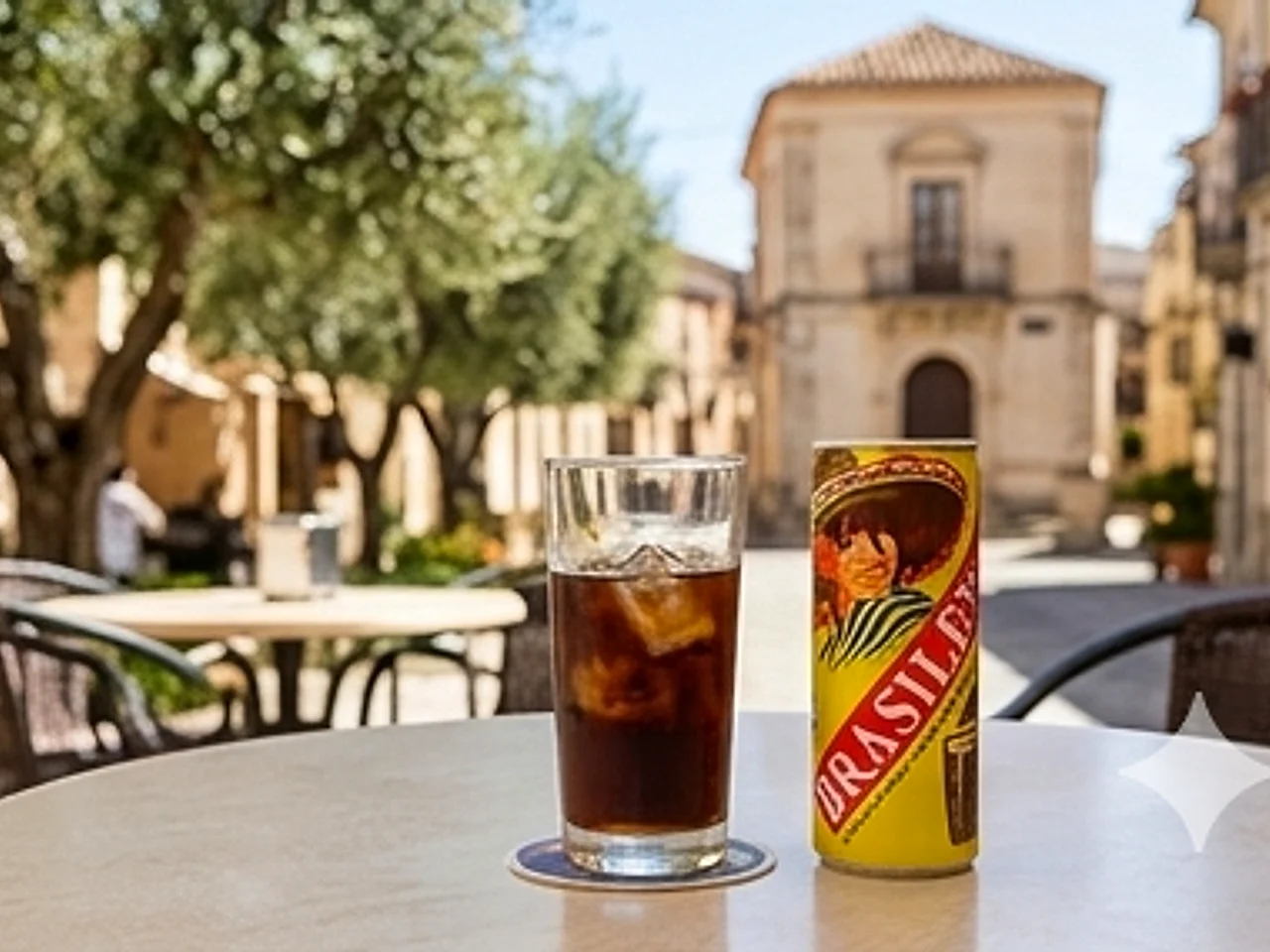 Brasilena in una piazza calabrese assolata, su un tavolino del bar